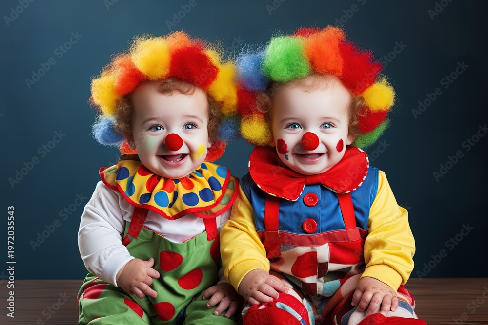 Fototapeta premium Adorable Twin Babies in Clown Costumes Sitting Indoors