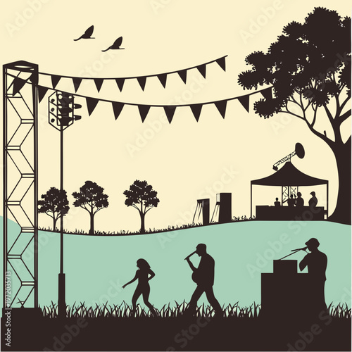 Girl with her dog standing in a nature landscape with trees grass and sunset sky in silhouette vector style