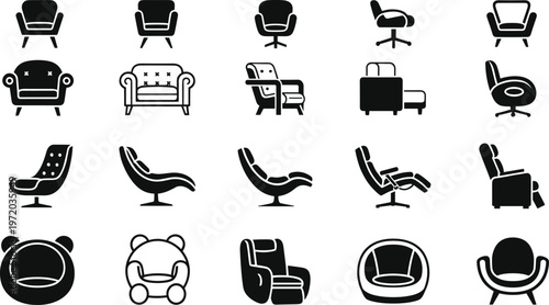 Chair and armchair silhouettes vector set, modern and classic seating furniture icons, interior design elements isolated on clean background