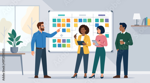 Team of Diverse Business Professionals Collaborating on a Project Management Task Using an Agile Scrum Board in a Modern Office Environment