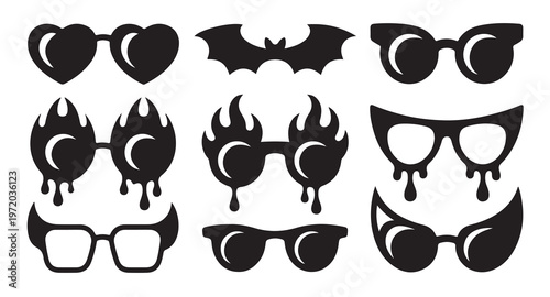 Creative eyewear silhouette collection with melting heart flame and bat wing designs vector.