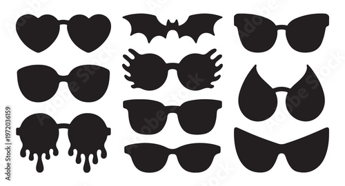 Minimalist sunglasses silhouette shapes including heart bat wing and melting frames vector.