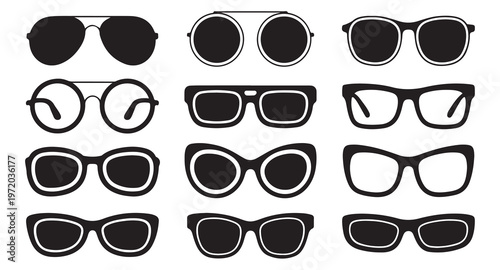 Set of black silhouette eyeglasses in various modern and retro frame styles isolated on white.
