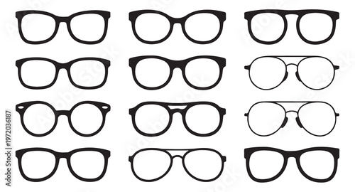 Diverse assortment of eyeglasses and sunglasses silhouettes in various designs.