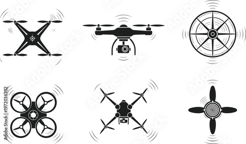 Drone propeller and quadcopter silhouettes set in top and side views representing aerial technology, UAV flight, and remote control devices