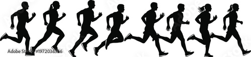 Dynamic silhouettes of people running in stride cycle sequence, showcasing athletic motion, fitness activity, sports training and movement study