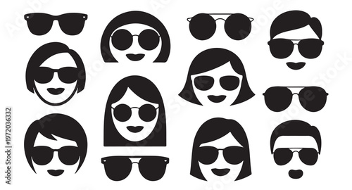 Stylish people with sunglasses and eyeglasses icons vector.