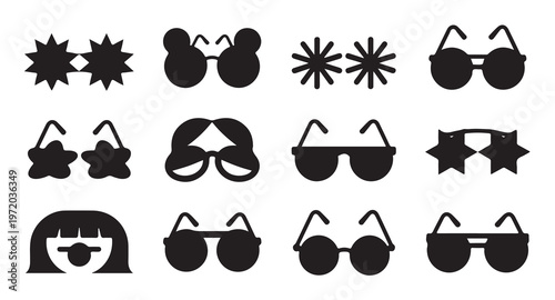 Funny novelty sunglasses icons collection shaped festive eyewear for party and summer events.