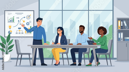 Business Team Meeting and Presentation: Corporate Strategy Planning with Diverse Professionals in Modern Office Interior Vector Illustration