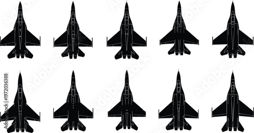 Fighter jet top view silhouette set, modern military aircraft collection in black and white vector for aviation and defense design use