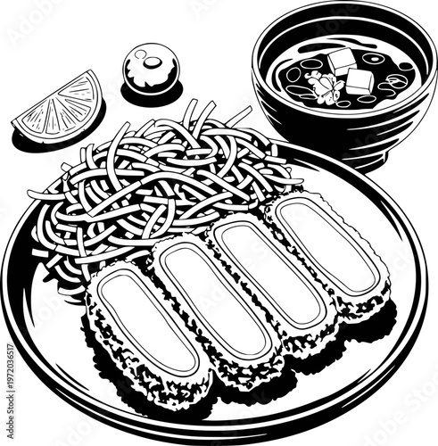Black and white line of a Japanese meal with tonkatsu noodles and miso soup food