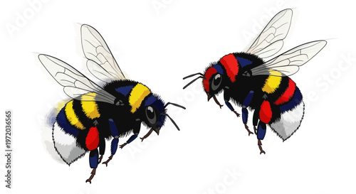Two Colorful Cartoon Bees Flying Against White Background