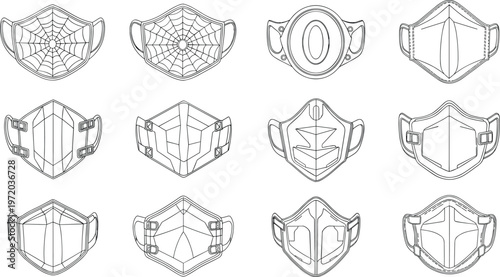 Protective face mask line art set, various respirator and fashion mask designs in black and white vector for health and safety use