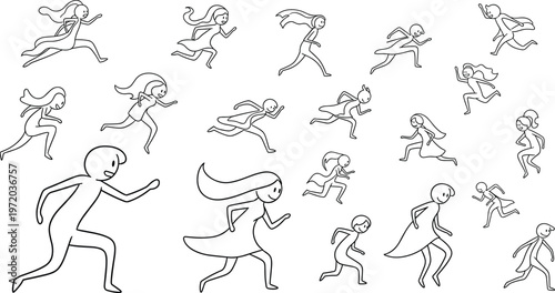 Running people stick figure set, dynamic human motion poses collection, sprinting characters vector illustrations isolated on clean background
