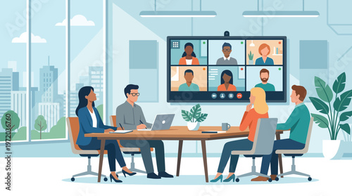Hybrid Business Meeting Illustration: Team Collaboration via Video Conference in Modern Office with City View