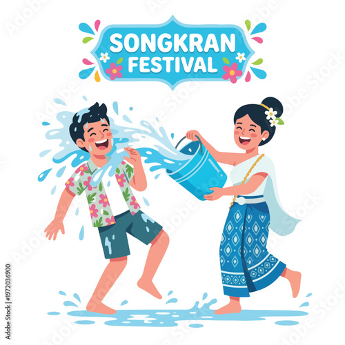 Vector of two happy Thai people playing in the water celebrating "Songkran Festival" 003