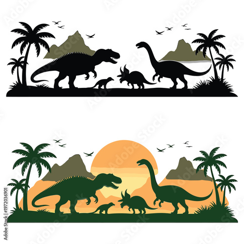 Silhouetted dinosaurs roam a prehistoric landscape under a vibrant sunset