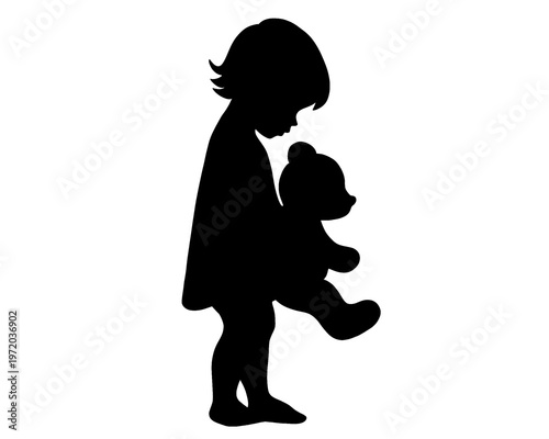 silhouette of a girl carrying a teddy bear, isolated on a white background
