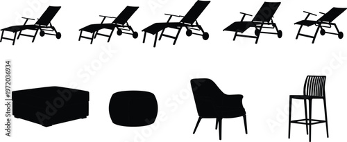 Set of outdoor lounge chairs and furniture silhouettes representing relaxation, patio seating, garden design, and modern home decor isolated on white background