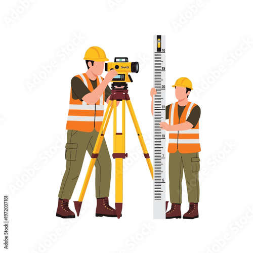 Surveyors using a tripod-mounted level and a measuring rod for land surveying and construction