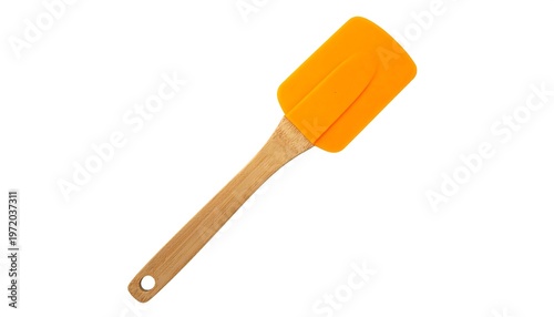 Orange silicone spatula with wooden handle for cooking.