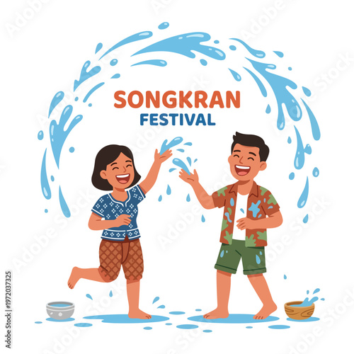 Vector of two happy Thai people playing in the water celebrating "Songkran Festival" 002