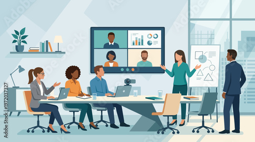 Hybrid Business Meeting and Video Conference in Modern Office with Diverse Professionals Collaborating Online and In-Person