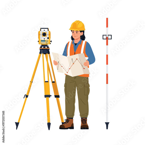 Surveyor in hard hat with map, standing next to a theodolite and a ranging pole on white background