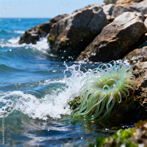 Waves and Sea Lilies Waves crash against the rocks with sea lili