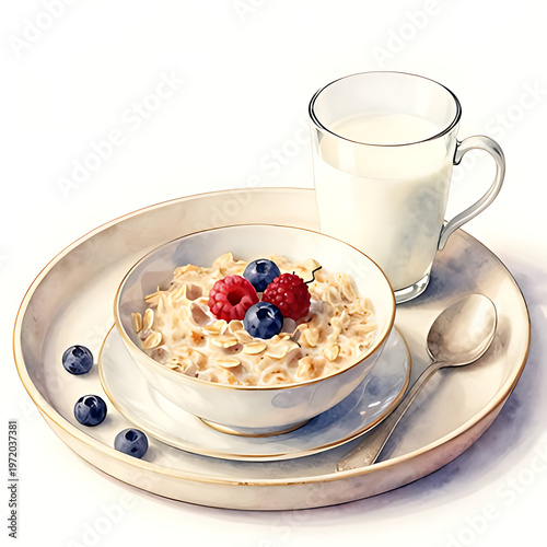 Watercolor painting, breakfast in bed on a tray, warm oatmeal with fruit, a glass of milk, an elegant porcelain cup, soft beige and pink tones, artistic spots and light brushstrokes, a romantic, airy 