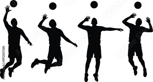 Volleyball player silhouettes showing jump and spike motion sequence with ball, dynamic sports action isolated on white background for training and design