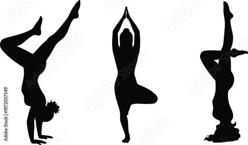 Yoga pose silhouettes collection featuring handstand, tree pose and balance positions, meditation and fitness isolated on white background