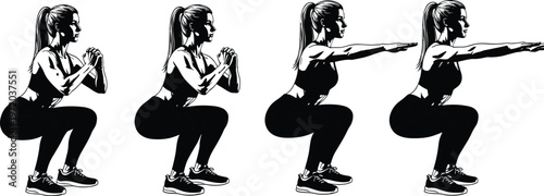 Woman squat exercise sequence silhouettes showing fitness training, lower body workout and strength movement isolated on white background