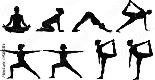 Yoga silhouettes set showing meditation, stretching and balance poses, healthy lifestyle and flexibility training collection isolated on white background concept