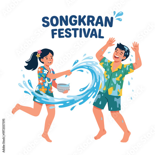 Vector of two happy Thai people playing in the water celebrating "Songkran Festival" 006