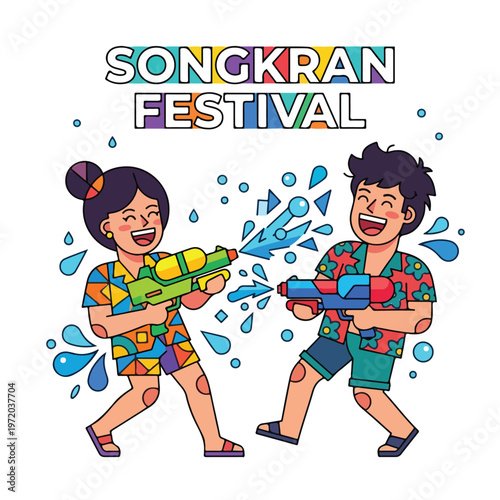 Vector of two happy Thai people playing in the water celebrating "Songkran Festival" 008
