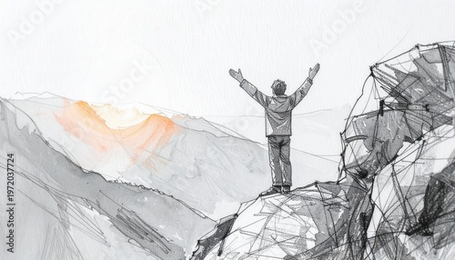 Man on the summit of the mountain rejoicing and celebrating victory. With his arms raised to the sky, he embodies triumph