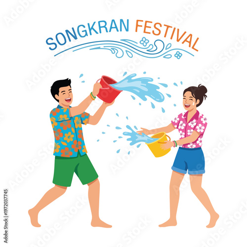 Vector of two happy Thai people playing in the water celebrating "Songkran Festival" 009