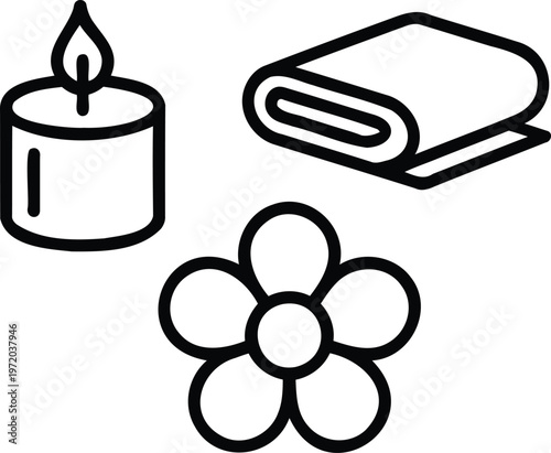 Line art icon of a flower, candle, and towels