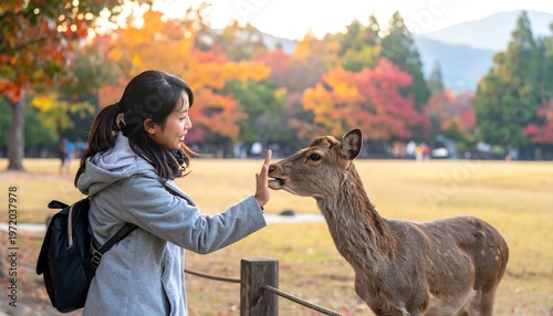 Woman Interacting with Deer in Autumnal Park Setting.