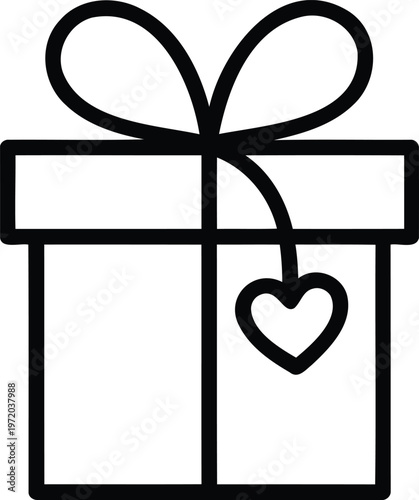 Gift box with ribbon and heart tag, line art