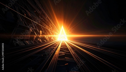 Illuminated pyramid in a dark space, radiating light towards the viewer