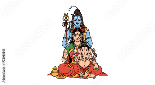 Lord Shiva Goddess Parvati and young Lord Ganesha are depicted in a serene family portrait featuring vibrant traditional colors and intricate religious iconography details.