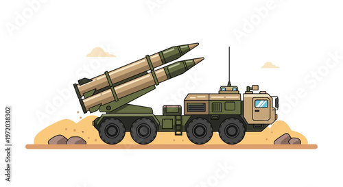 A specialized military transport vehicle carries two enormous long-range missiles through a rugged desert landscape characterized by rocky outcrops and soft sandy dunes.