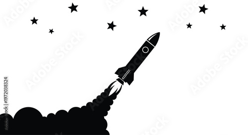 A bold black silhouette of a powerful rocket ship ascends into the starry night sky leaving behind a thick cloud of billowing exhaust smoke and bright light.