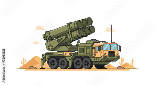 A heavy military missile launcher truck with multiple green tubes stands ready in a vast desert environment under soft warm lighting and clear skies.