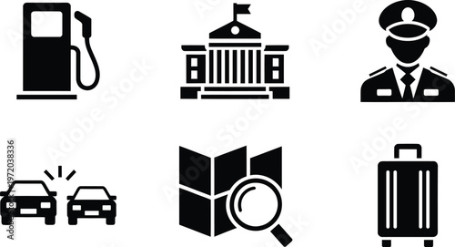 Travel and public service icon set with gas station building pilot car accident map and suitcase silhouettes.
