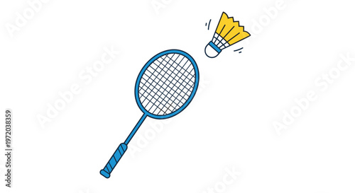 A vibrant blue badminton racket reaches toward a bright yellow shuttlecock in a dynamic sporting pose set against a clean and minimalist white background.