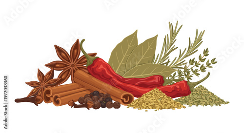 A meticulous arrangement of aromatic star anise cinnamon sticks and fiery red chili peppers sits against a pristine white background with warm earthy tones.