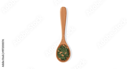 A slender long-handled wooden spoon holds a generous portion of dark green and brown dried tea leaves or herbal infusion ingredients on a white background.